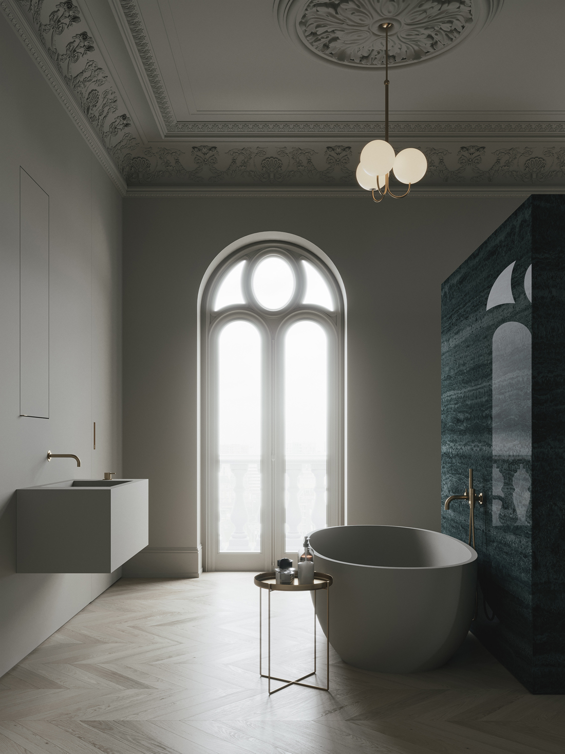 Beige & green stone bathroom design by Emil Dervish and Evgeniy Bulatnikov