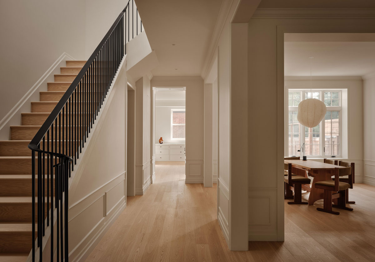 Wood Residence main living spaces with connected living room, dining room, and kitchen in Westmount Montreal