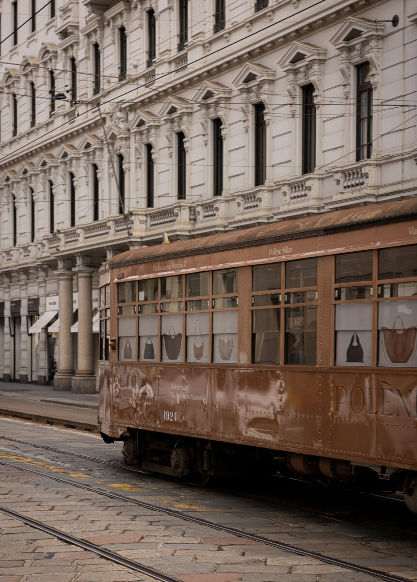 A tram passing along Via Manzoni in Milan.