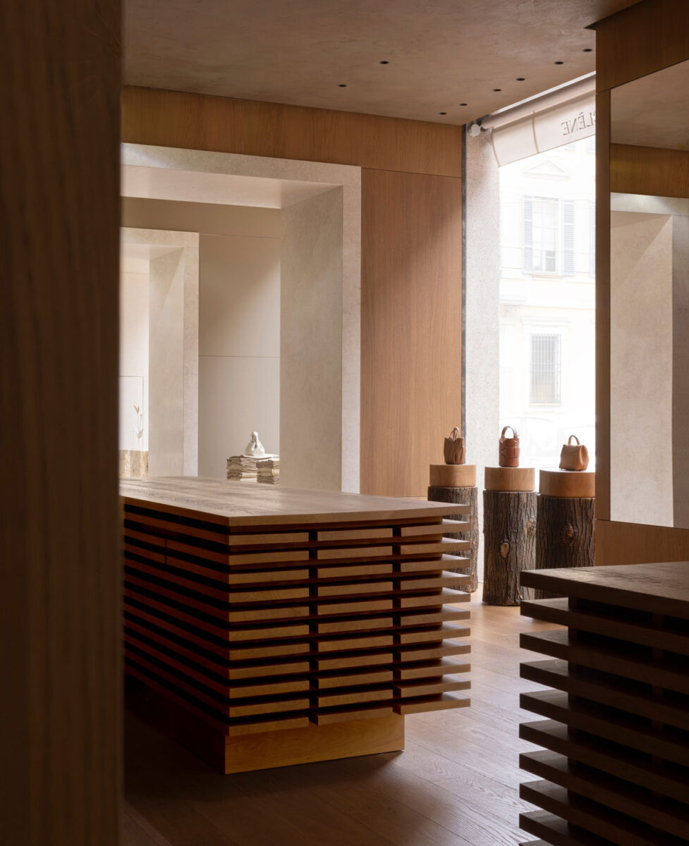 Norm Architects’ oak retail interior at Polène’s Milan flagship.