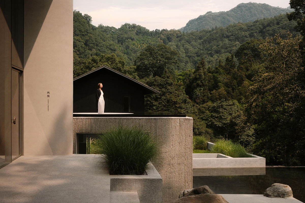 Minimalist resort terrace with architectural outdoor landscaping and forest views