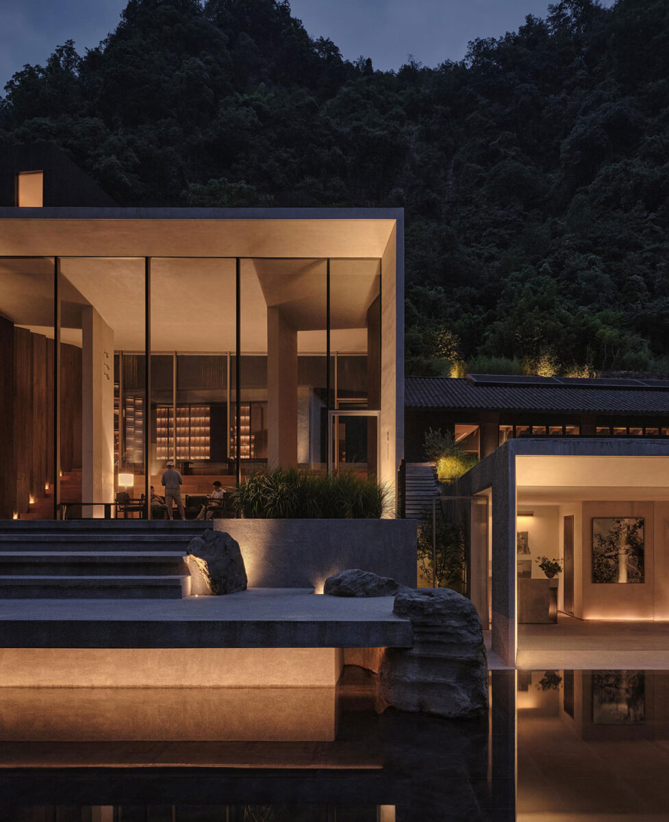 Luxury resort terrace with modern landscape architecture, floor-to-ceiling windows, and infinity pool