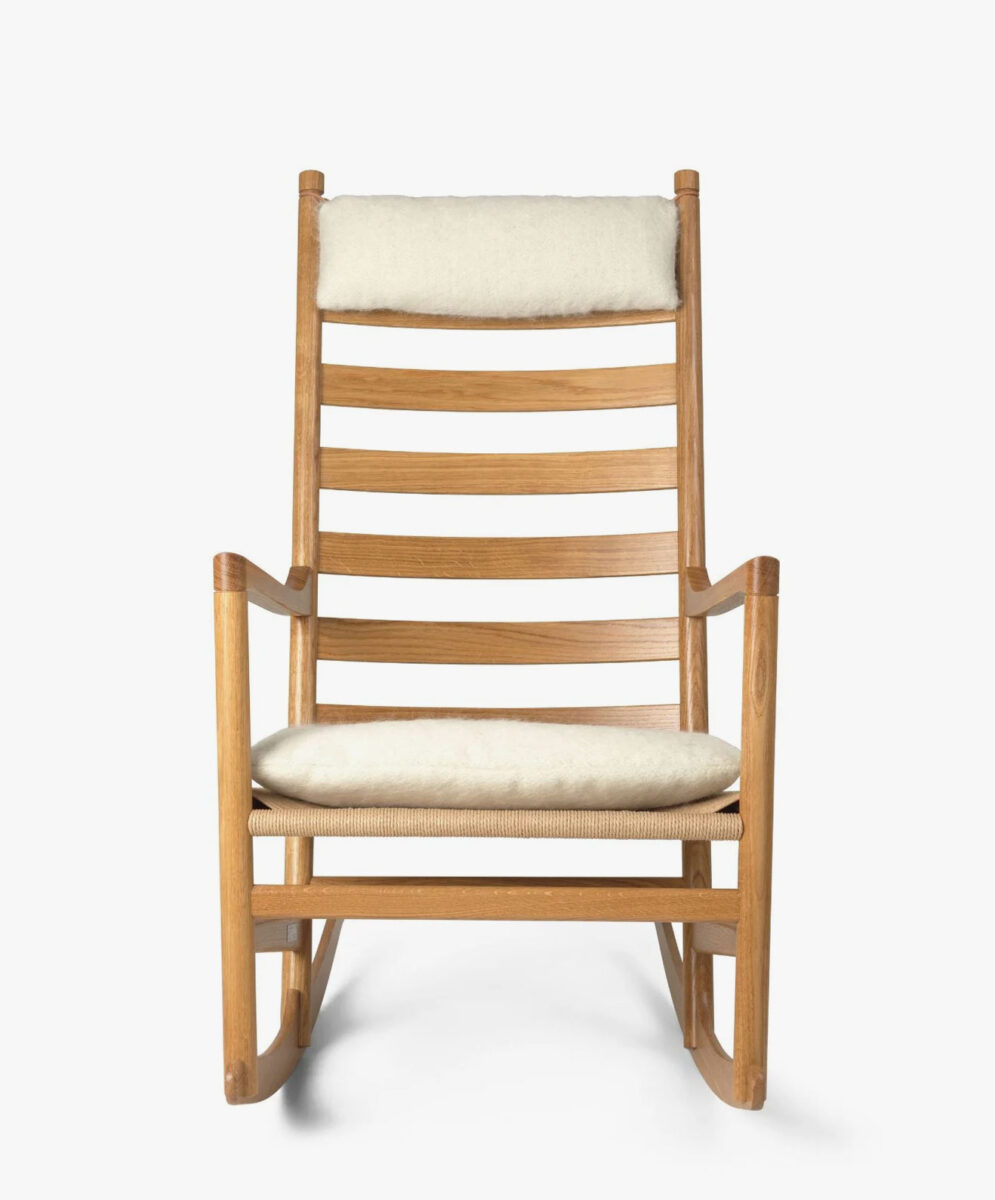 Hans J. Wegner Wood Rocking Chair with Cream Cushions