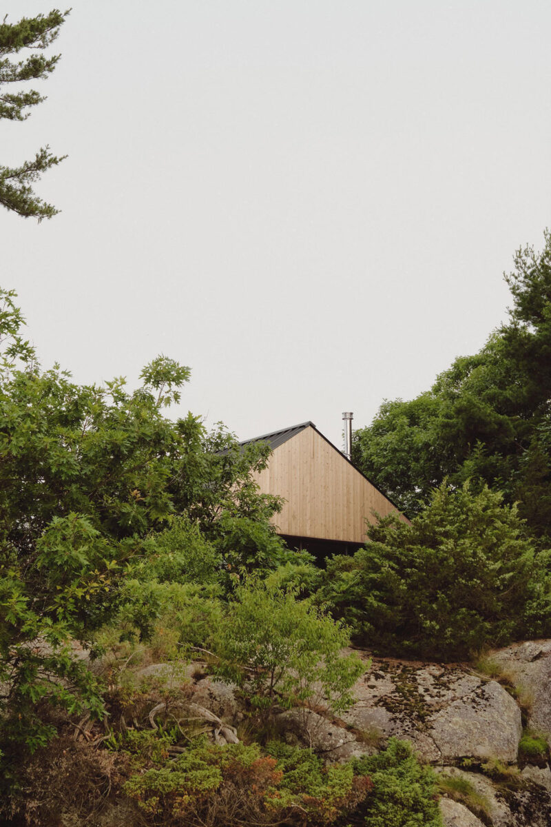 Pine Island Cottage’s pitched roof rising above trees and rocky island terrain.